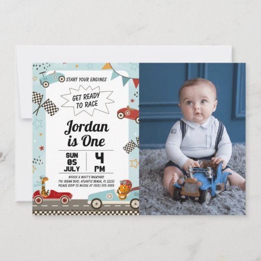 Race Car Birthday Party nodigt u uit met foto Kaart (Voorkant)