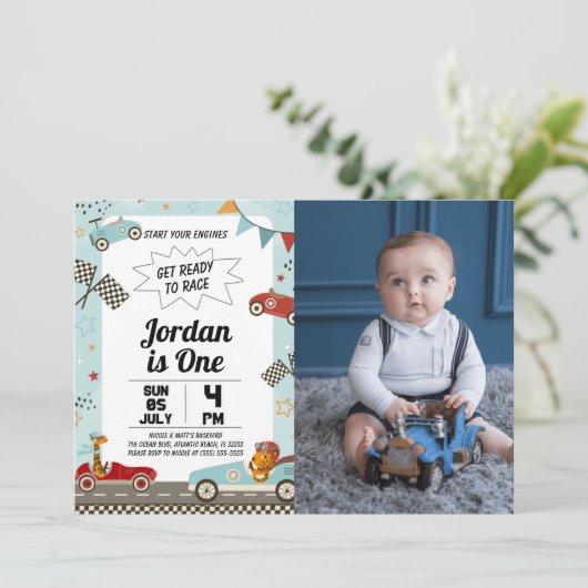 Race Car Birthday Party nodigt u uit met foto Kaart (Staand voorkant)