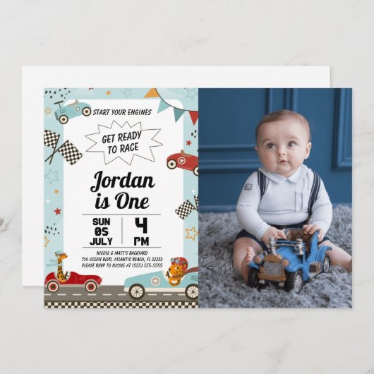 Race Car Birthday Party nodigt u uit met foto Kaart (Voorkant / Achterkant)