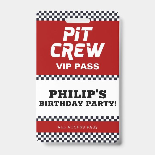 Race Car Birthday Party Pit CreVIP Pass Badge (Voorkant)
