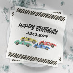 Race Car Birthday Party Servet<br><div class="desc">Jongen racen met autoverjaardagsluiers met waterverf raceauto's,  ingecheckte randen,  de titel "gelukkige verjaardag" en de kinder naam.</div>