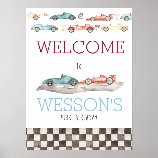 Race Car Birthday Party Welcome Sign, Race Welcome Poster (Voorkant)