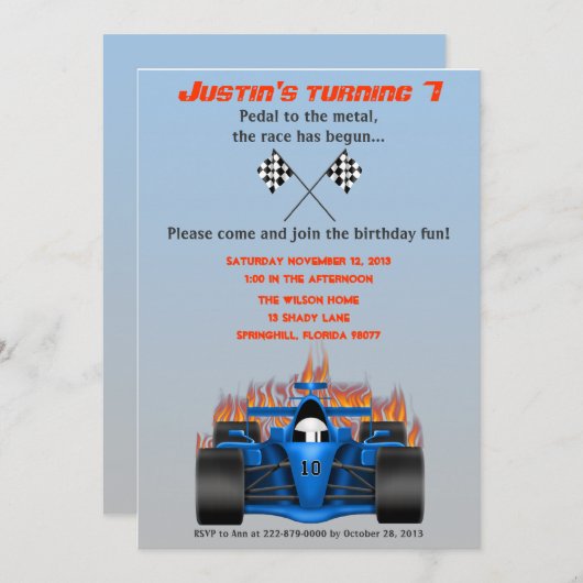 Race Car Birthday Uitnodiging (Voorkant / Achterkant)