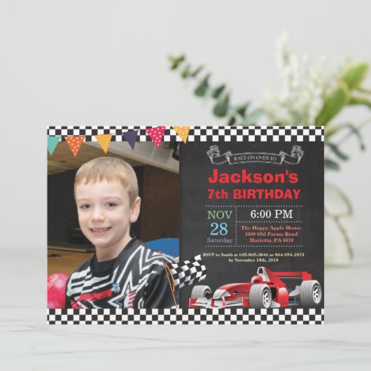 Race Car Birthday Uitnodiging. Boy Birthday Party Kaart (Staand voorkant)