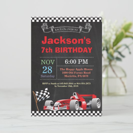 Race Car Birthday Uitnodiging. Boy Birthday Party Kaart (Staand voorkant)