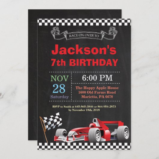 Race Car Birthday Uitnodiging. Boy Birthday Party Kaart (Voorkant / Achterkant)