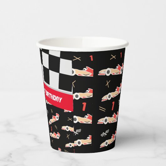 Race Car Black en Red First Birthday Custom Papieren Bekers (Links)