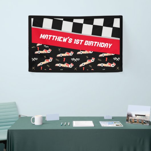 Race Car Black en Red First Birthday Custom Spandoek (Beurs)