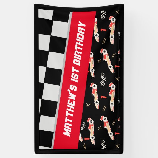 Race Car Black en Red First Birthday Custom Spandoek (Verticaal)