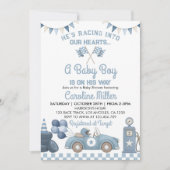 Race Car Blue Boy Baby Shower Kaart (Voorkant)