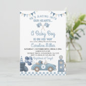 Race Car Blue Boy Baby Shower Kaart (Staand voorkant)