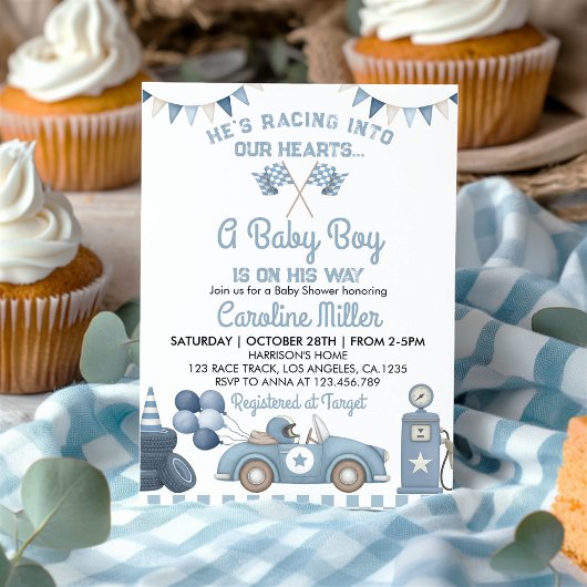 Race Car Blue Boy Baby Shower Kaart