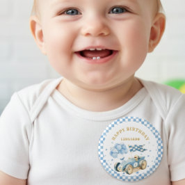 Race Car Blue Checkered Flag Boy First Birthday  Ronde Button 3,2 Cm