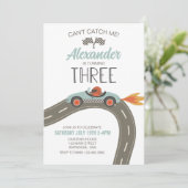  Race Car Blue Derde verjaardag Uitnodiging (Staand voorkant)