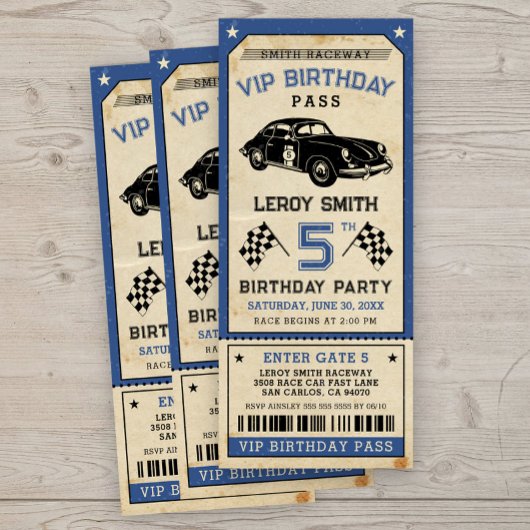  Race Car Blue Ticket Pass Verjaardagsfeest Kaart