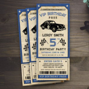  Race Car Blue Ticket Pass Verjaardagsfeest Kaart