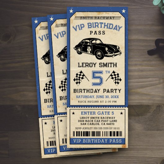  Race Car Blue Ticket Pass Verjaardagsfeest Kaart