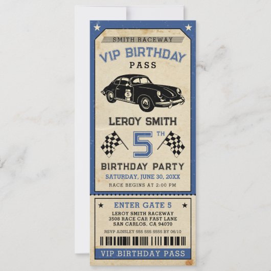  Race Car Blue Ticket Pass Verjaardagsfeest Kaart (Voorkant)