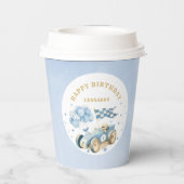 Race Car Blue Watercolor Boy First Birthday Papieren Bekers (Achterkant)