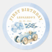 Race Car Blue Watercolor Boy First Birthday  Ronde Sticker (Voorkant)