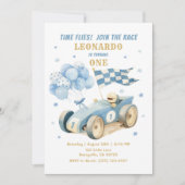 Race Car Blue Waterverf Boy Eerste Verjaardag Kaart (Voorkant)