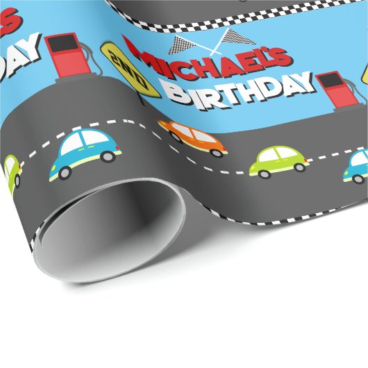 Race Car Boy Birthday Party Cadeaupapier (Rol Hoek)