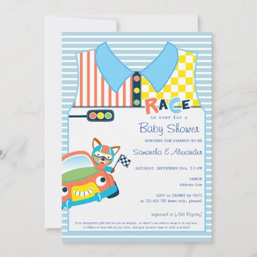Race Car Boy Blue Fox Race Car Driver Baby shower Kaart (Voorkant)