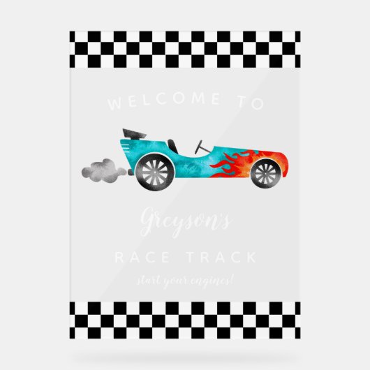 Race Car Boy Verjaardag Party Sign Acryl Bord (Voorkant)