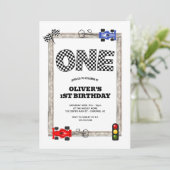 Race Car Checker Flag Boy's 1e verjaardag Kaart (Staand voorkant)