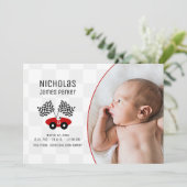 Race Car Checker Vlag Geboorte met Foto Kaart (Staand voorkant)