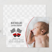 Race Car Checker Vlag Geboorte met Foto Kaart (Voorkant / Achterkant)