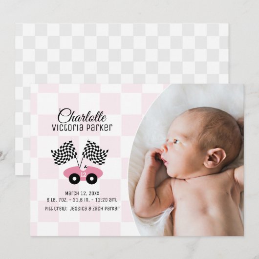 Race Car Checker Vlag Geboorte met Foto Roze Kaart (Voorkant / Achterkant)