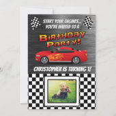 Race Car Checkered Flag Photo Boys Birthday Party Kaart (Voorkant)