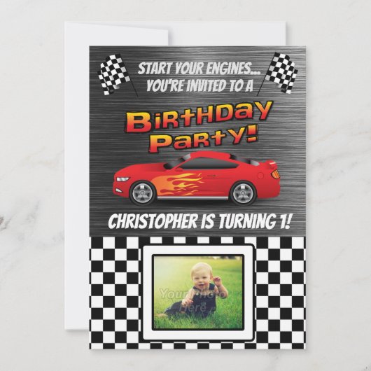 Race Car Checkered Flag Photo Boys Birthday Party Kaart (Voorkant)