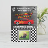 Race Car Checkered Flag Photo Boys Birthday Party Kaart (Staand voorkant)