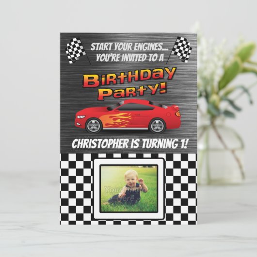 Race Car Checkered Flag Photo Boys Birthday Party Kaart (Staand voorkant)