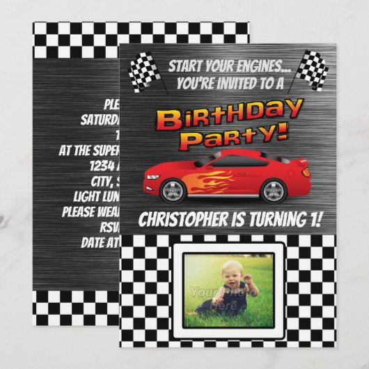 Race Car Checkered Flag Photo Boys Birthday Party Kaart (Voorkant / Achterkant)