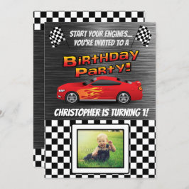 Race Car Checkered Flag Photo Boys Birthday Party Kaart