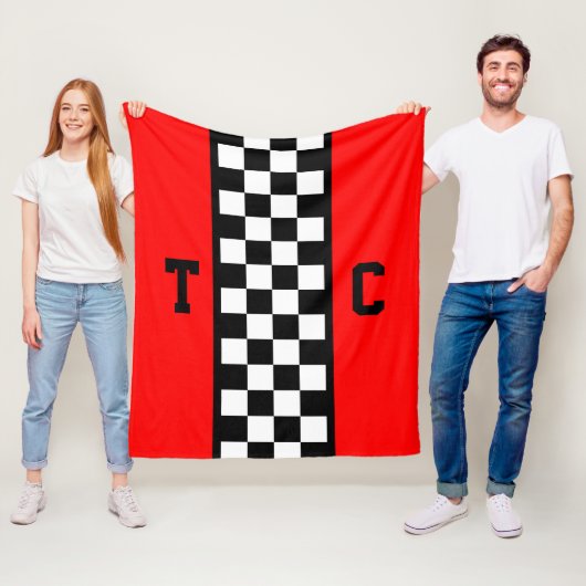 Race Car Checkered Pattern Red Monogramed Fleece Deken (In situ)