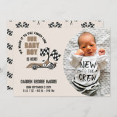 Race Car Crew Baby Boy Geboorteaankondiging Aankondiging (Voorkant / Achterkant)