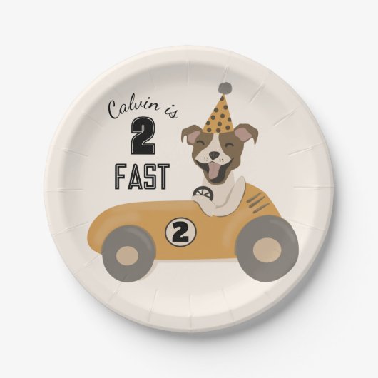 Race Car Dog Boys Two Fast Birthday Party Papieren Bordje (Voorkant)