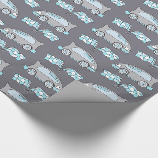 Race Car en Flags Blue Pattern Kinder Cadeaupapier (Hoek)