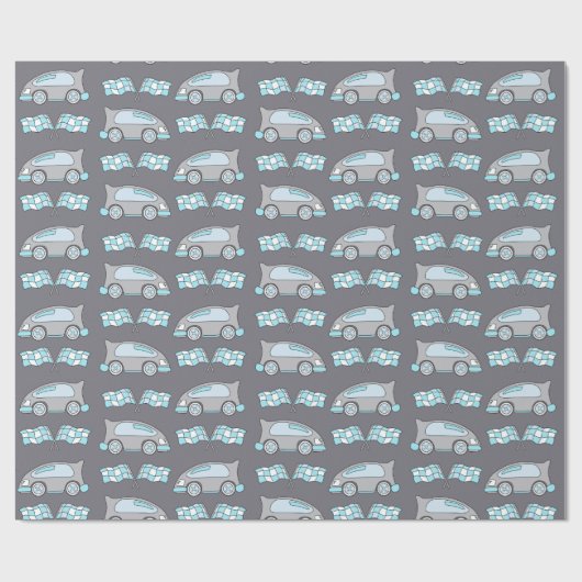 Race Car en Flags Blue Pattern Kinder Cadeaupapier (Vlak)