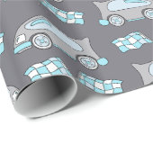 Race Car en Flags Blue Pattern Kinder Cadeaupapier (Rol Hoek)