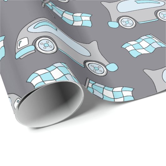 Race Car en Flags Blue Pattern Kinder Cadeaupapier (Rol Hoek)