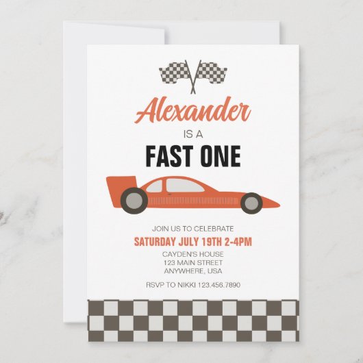 Race Car Fast One 1st Birthday-uitnodiging Kaart (Voorkant)