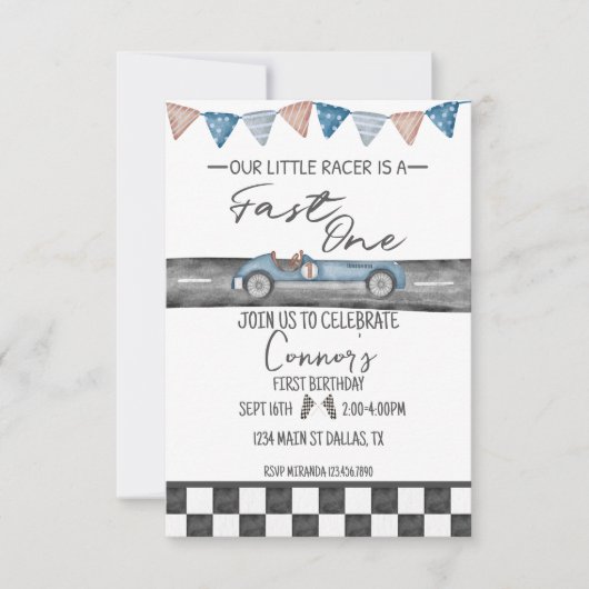 Race Car Fast One First Birthday Uitnodiging (Voorkant)