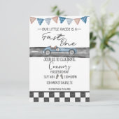 Race Car Fast One First Birthday Uitnodiging (Staand voorkant)
