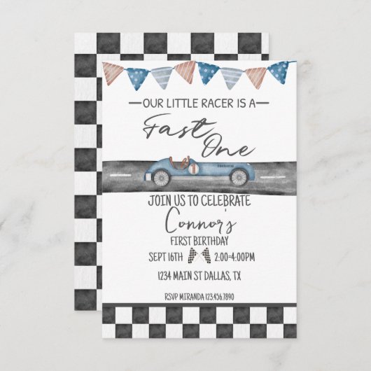 Race Car Fast One First Birthday Uitnodiging (Voorkant / Achterkant)