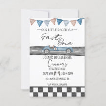 Race Car Fast One First Birthday Uitnodiging
